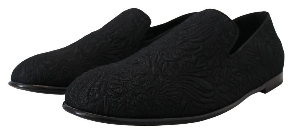 Top-down view of Dolce & Gabbana formal shoes showcasing the intricate floral jacquard pattern and quilted inner lining.