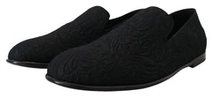 Top-down view of Dolce & Gabbana formal shoes showcasing the intricate floral jacquard pattern and quilted inner lining.