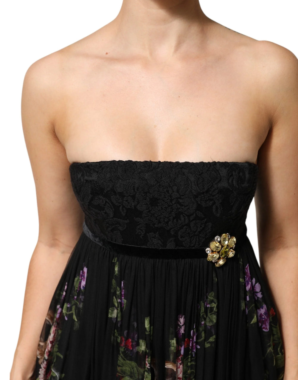 Dolce & Gabbana Black Floral Key Print Crystal Strapless Dress - IT40|S - Dresses