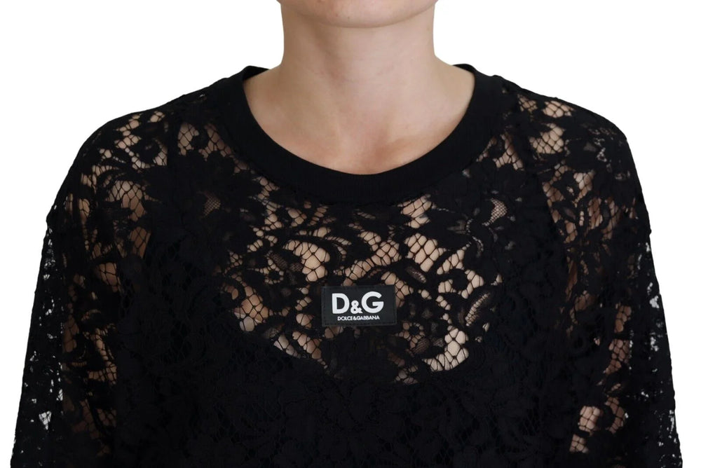 Dolce & Gabbana Black Floral Lace Cotton Shift Mini Dress - IT40|S - Dresses