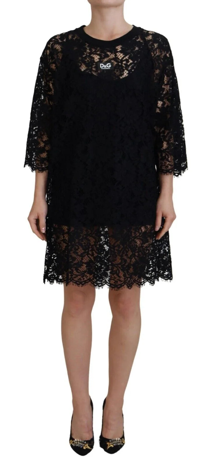 Dolce & Gabbana Black Floral Lace Cotton Shift Mini Dress - IT40|S - Dresses