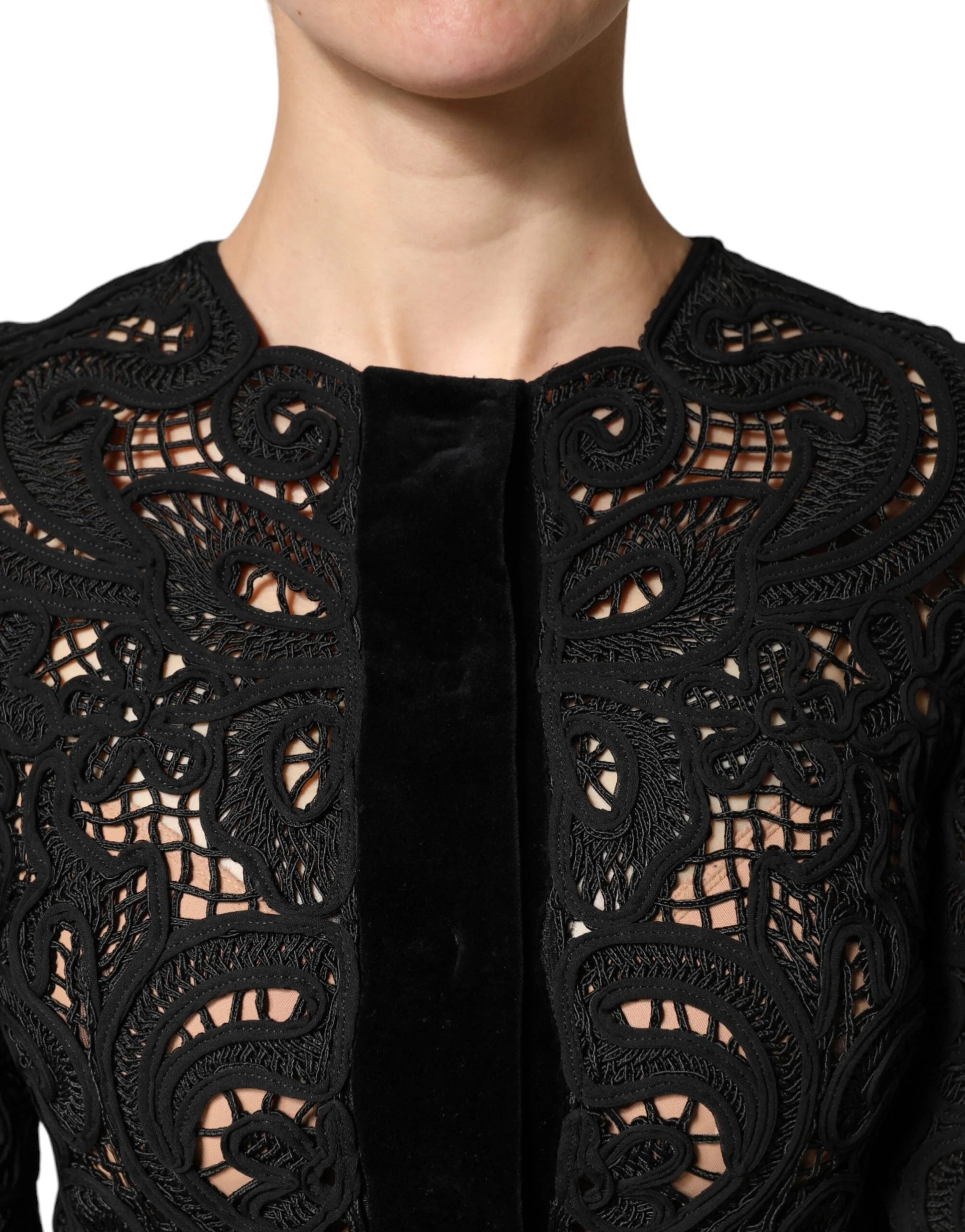 Dolce & Gabbana Black Floral Lace Cropped Coat Jacket - IT36|XXS