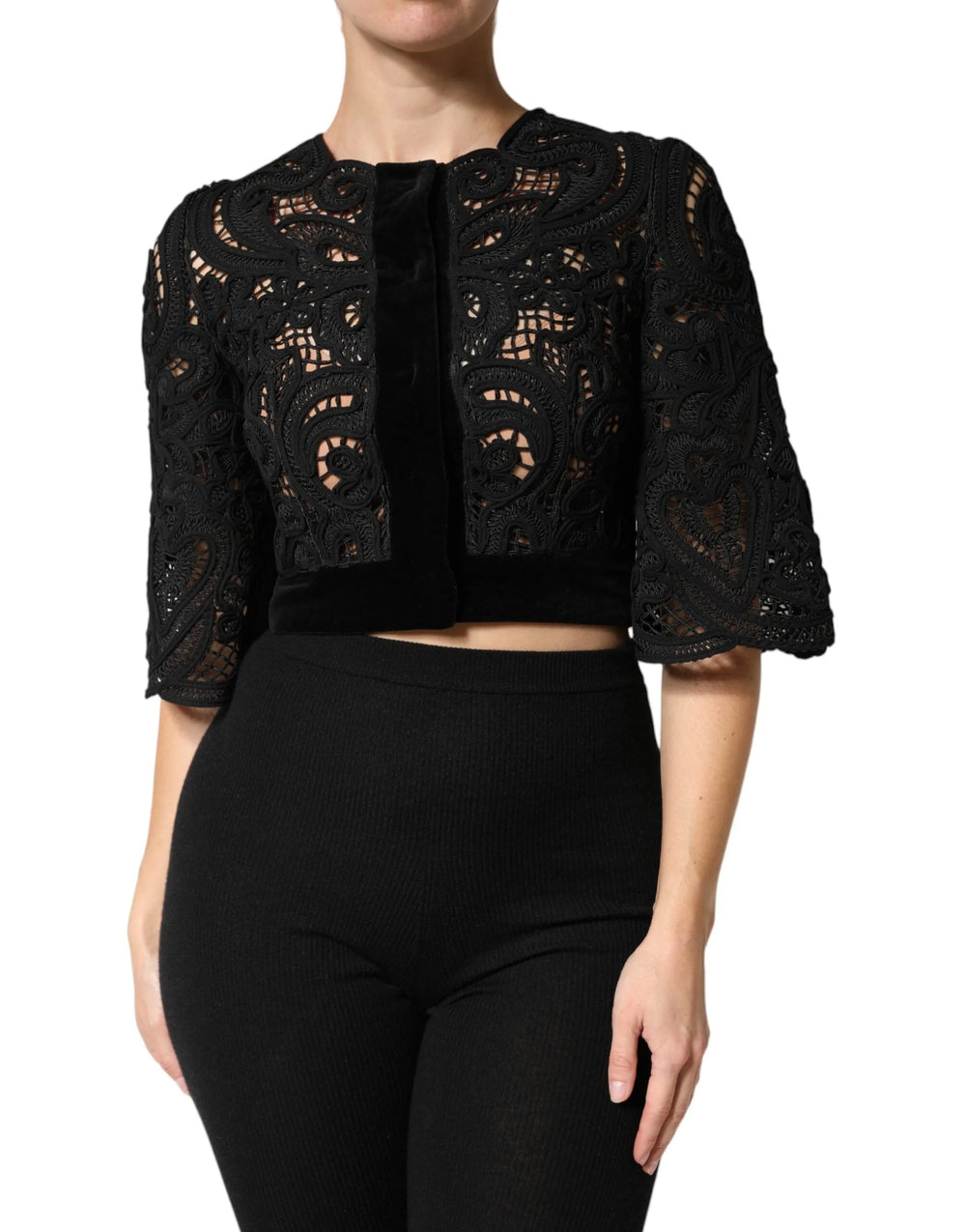 Dolce & Gabbana Black Floral Lace Cropped Coat Jacket - IT36|XXS