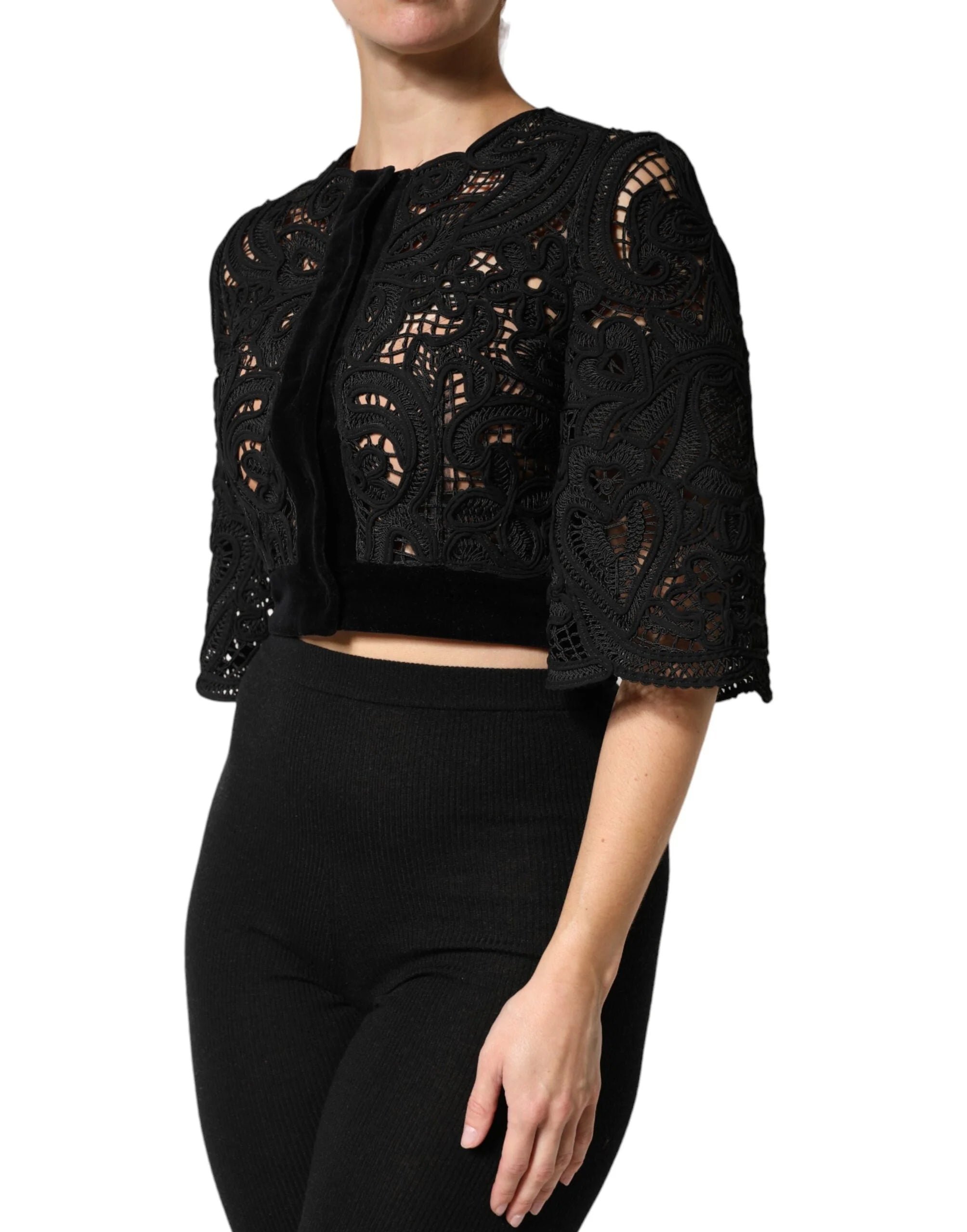 Dolce & Gabbana Black Floral Lace Cropped Coat Jacket - IT36|XXS