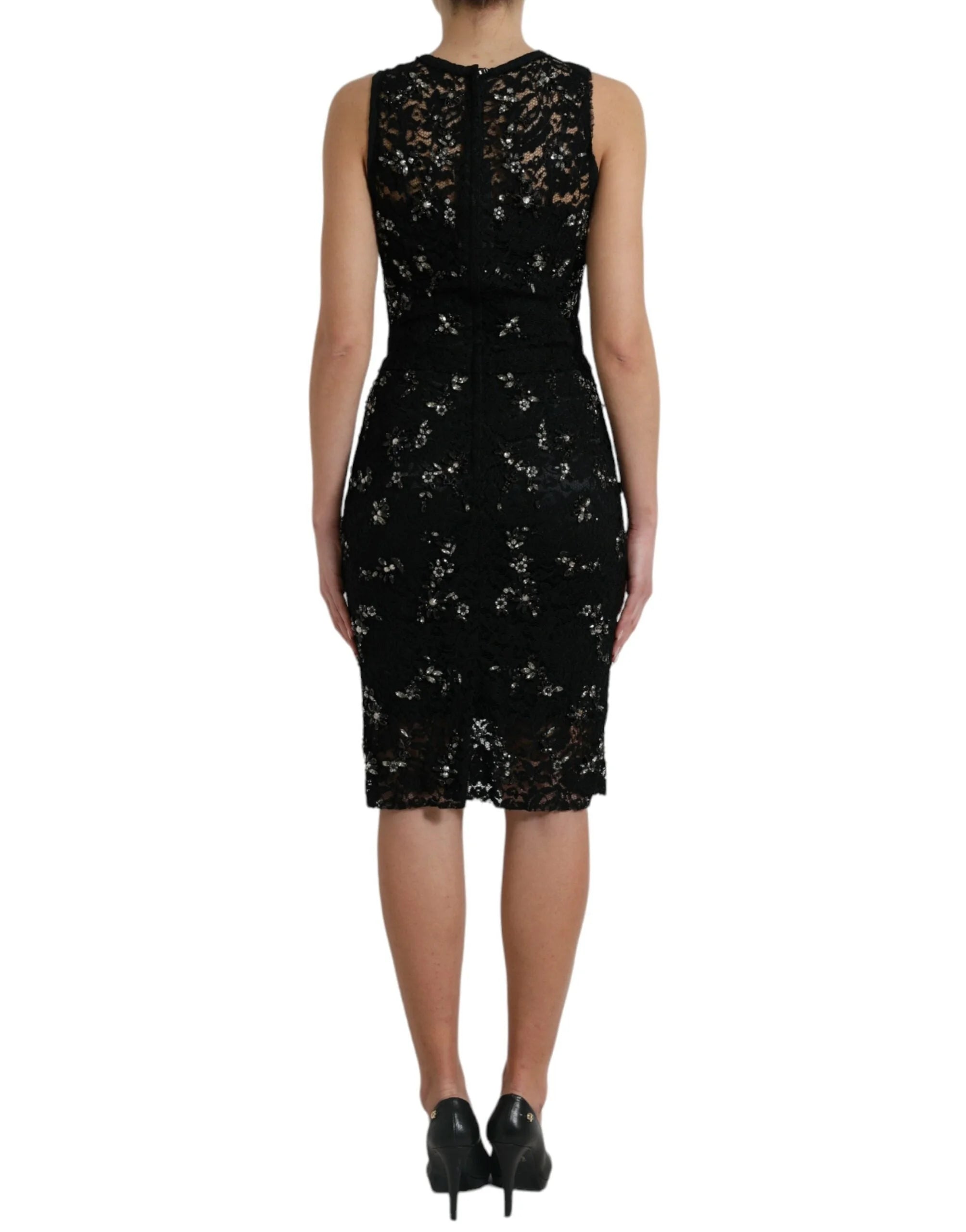 Dolce & Gabbana Black Floral Lace Crystal Sheath Dress - IT40|S - Dresses