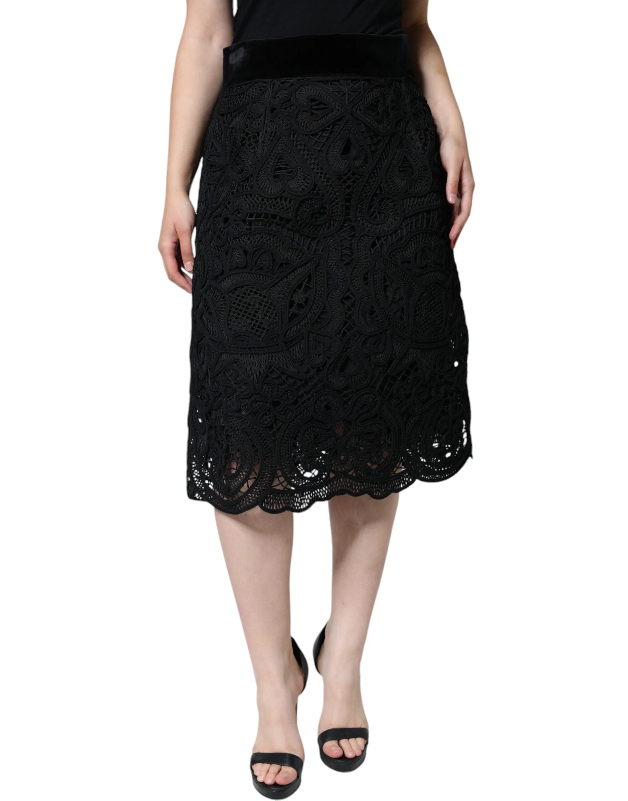 Dolce & Gabbana Black Floral Lace High Waist Pencil Cut Skirt - IT48|XXL - Skirts