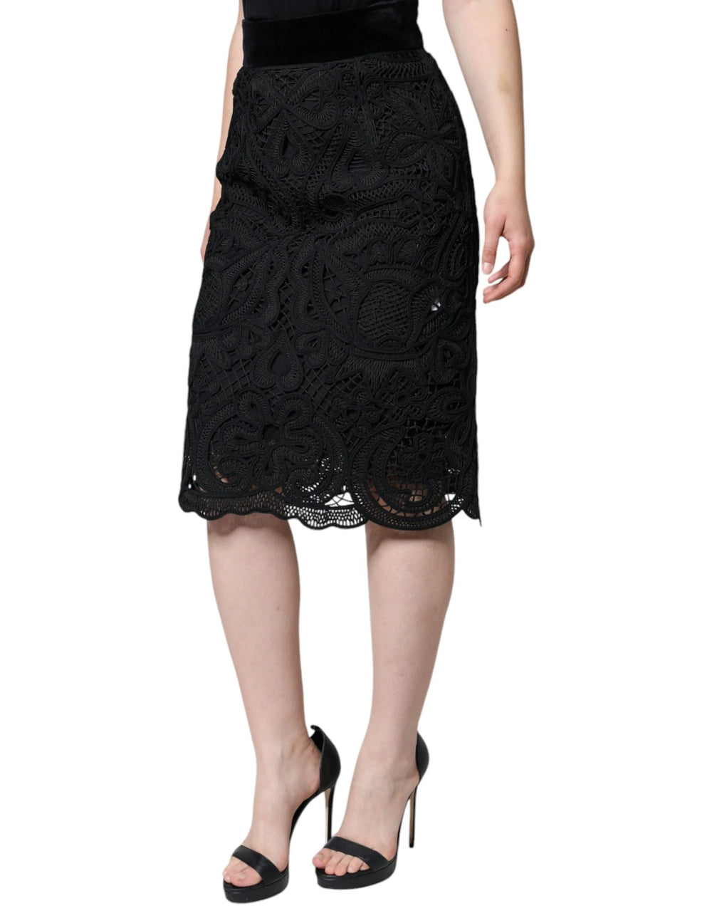 Dolce & Gabbana Black Floral Lace High Waist Pencil Cut Skirt - IT48|XXL - Skirts