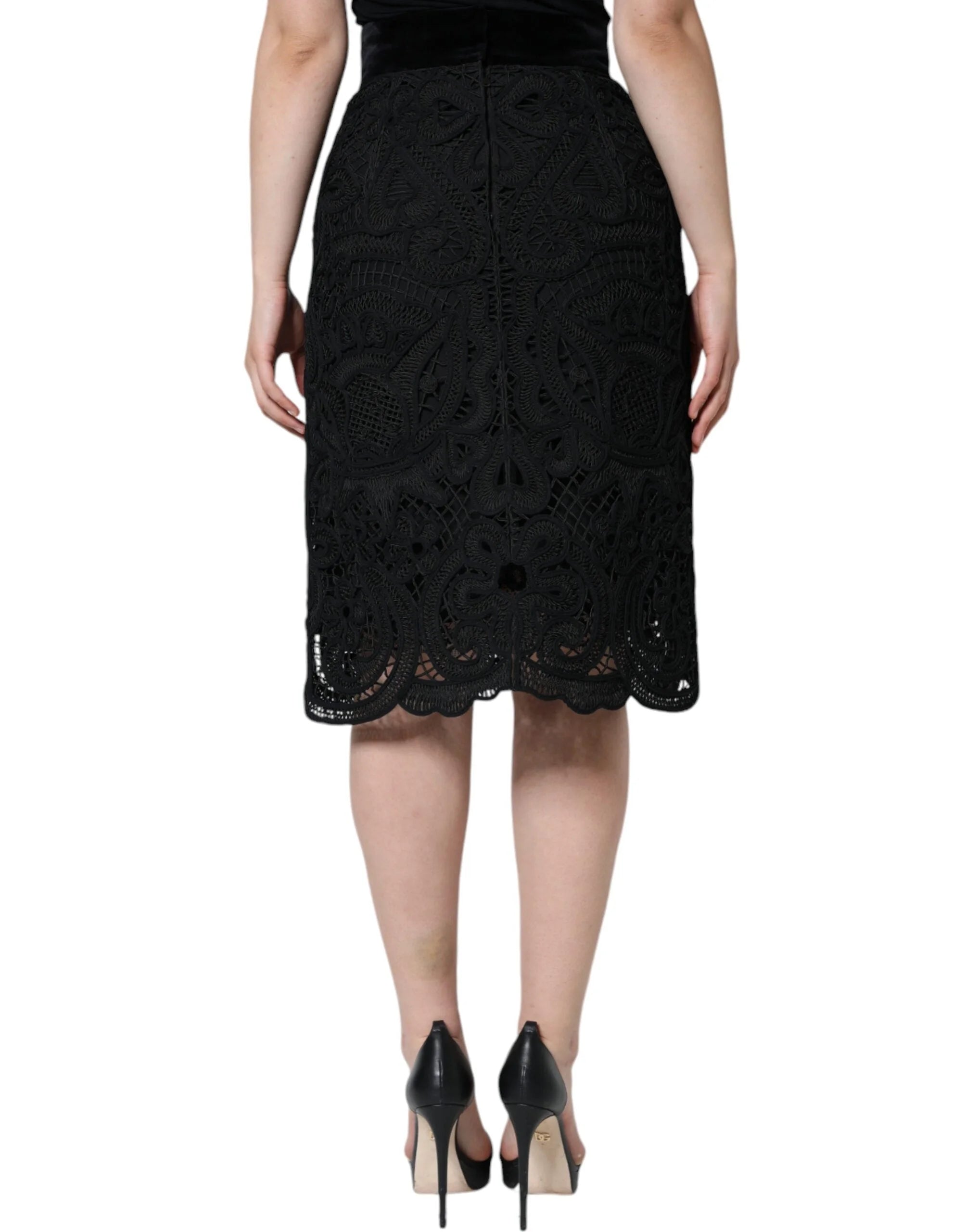 Dolce & Gabbana Black Floral Lace High Waist Pencil Cut Skirt - IT48|XXL - Skirts