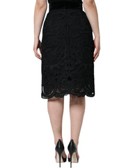 Dolce & Gabbana Black Floral Lace High Waist Pencil Cut Skirt - IT48|XXL