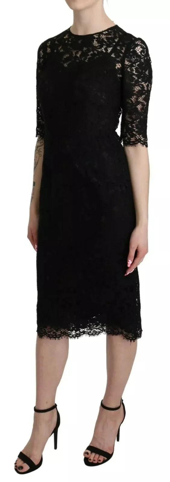 Dolce & Gabbana Black Floral Lace Sheath Knee Length Dress - IT40|S - Dresses
