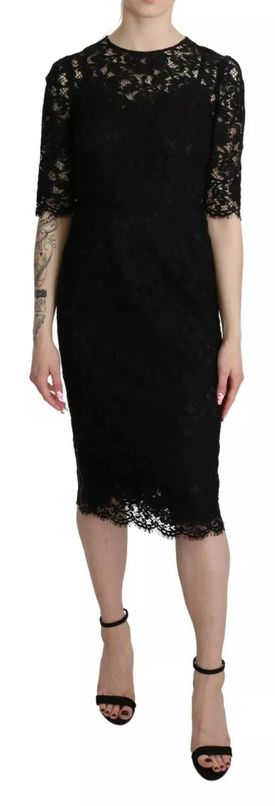 Dolce & Gabbana Black Floral Lace Sheath Knee Length Dress - IT40|S - Dresses