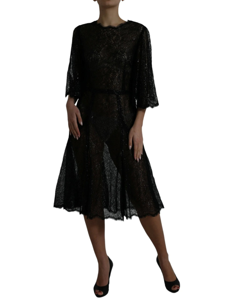 Dolce & Gabbana Black Floral Lace Sheer A-line Midi Dress - IT48 | XL - Dresses