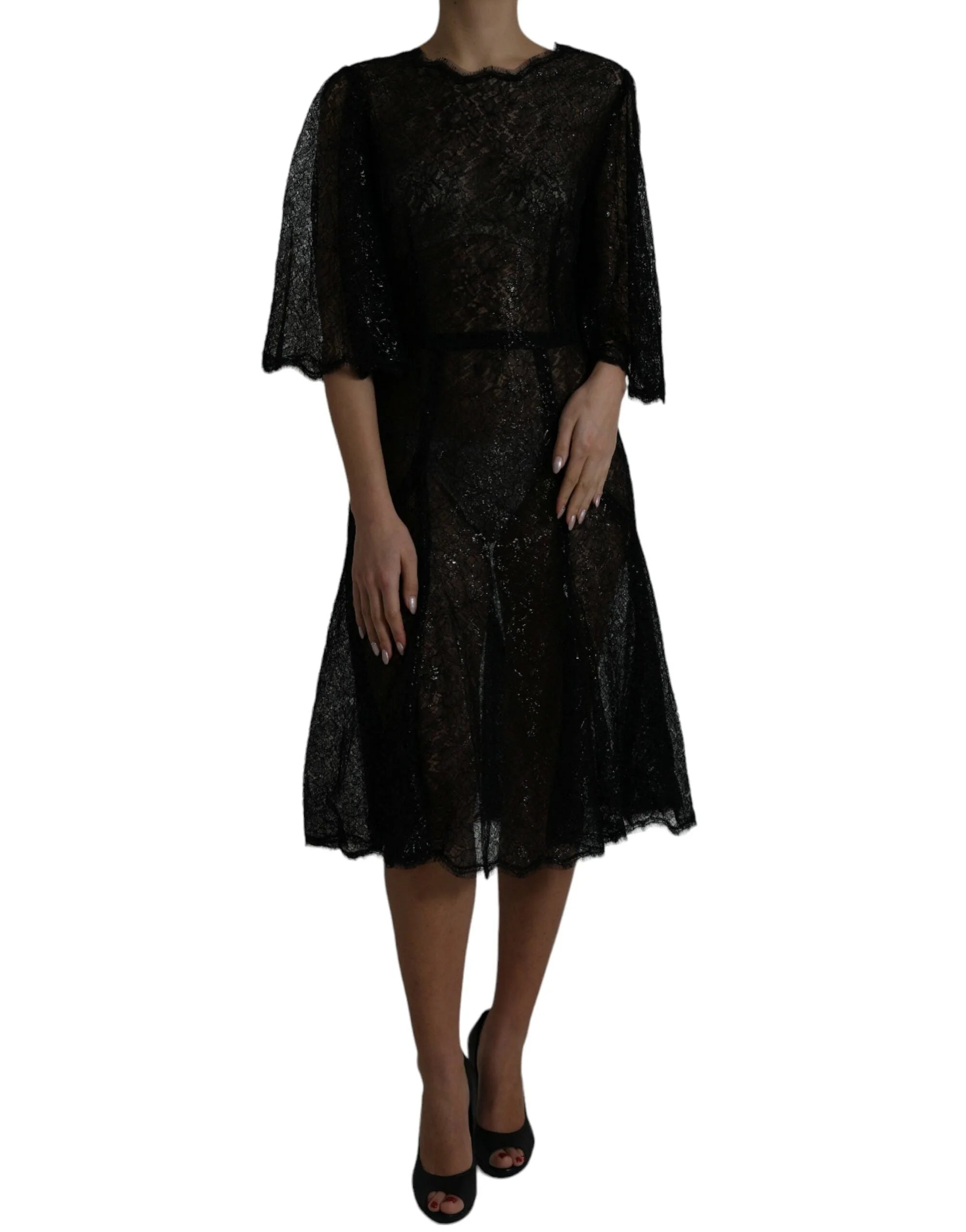 Dolce & Gabbana Black Floral Lace Sheer A-line Midi Dress - IT48 | XL - Dresses