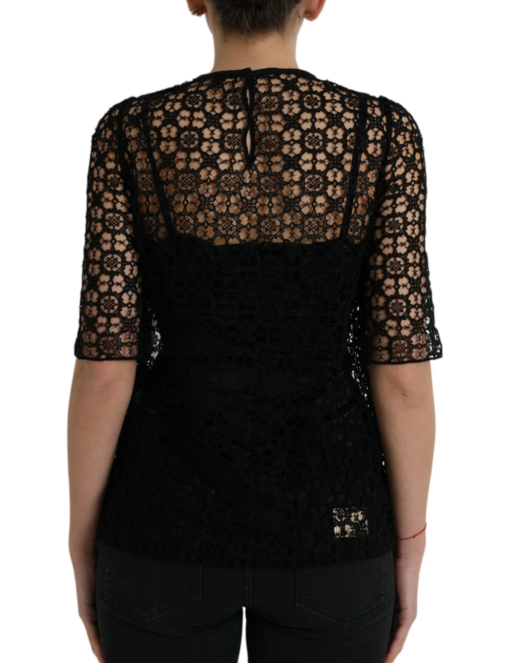 Dolce & Gabbana Black Floral Lace Short Sleeves Blouse Top - IT38 | XS - Blouses