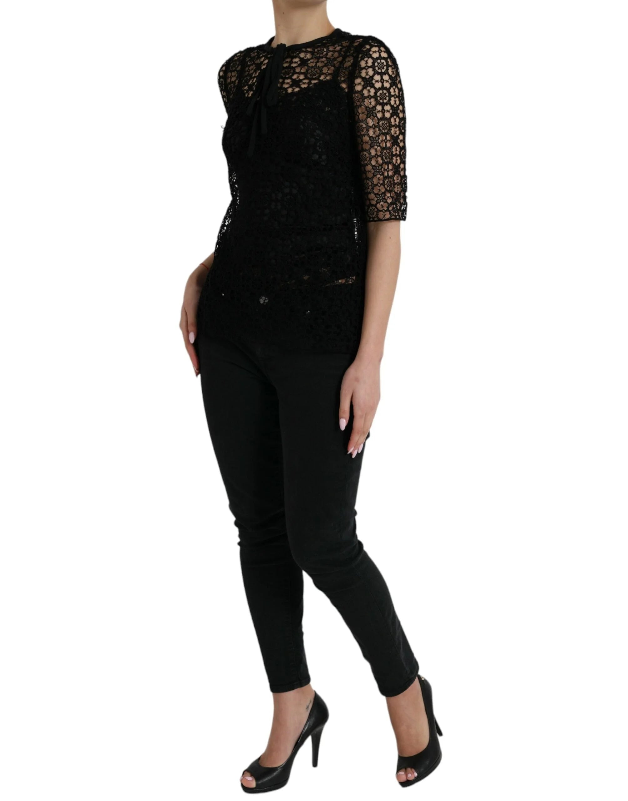 Dolce & Gabbana Black Floral Lace Short Sleeves Blouse Top - IT38 | XS - Blouses