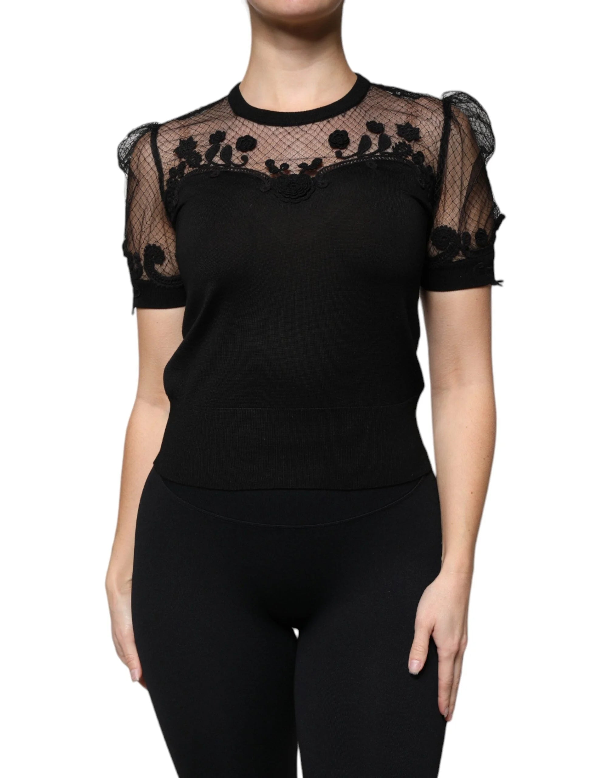 Dolce & Gabbana Black Floral Lace Short Sleeves Blouse Top - IT38 | XS - Blouses
