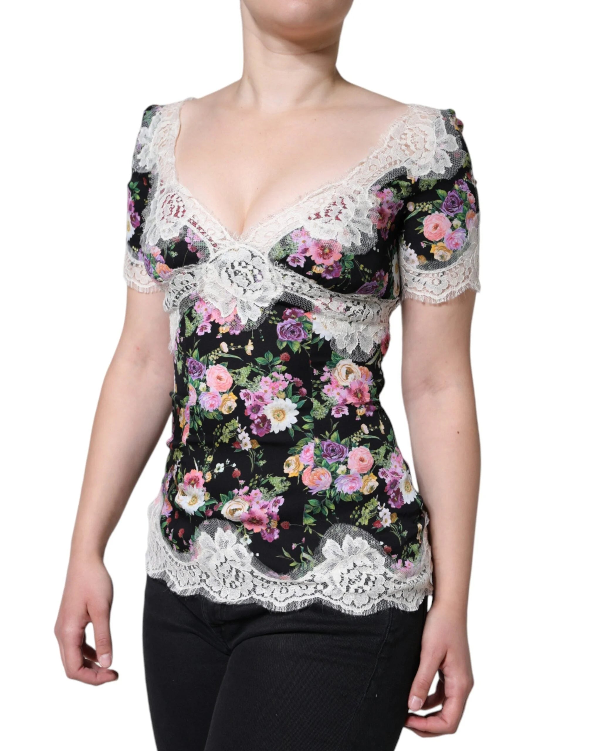 Dolce & Gabbana Black Floral Lace Short Sleeves Blouse Top - IT40|S - Blouses