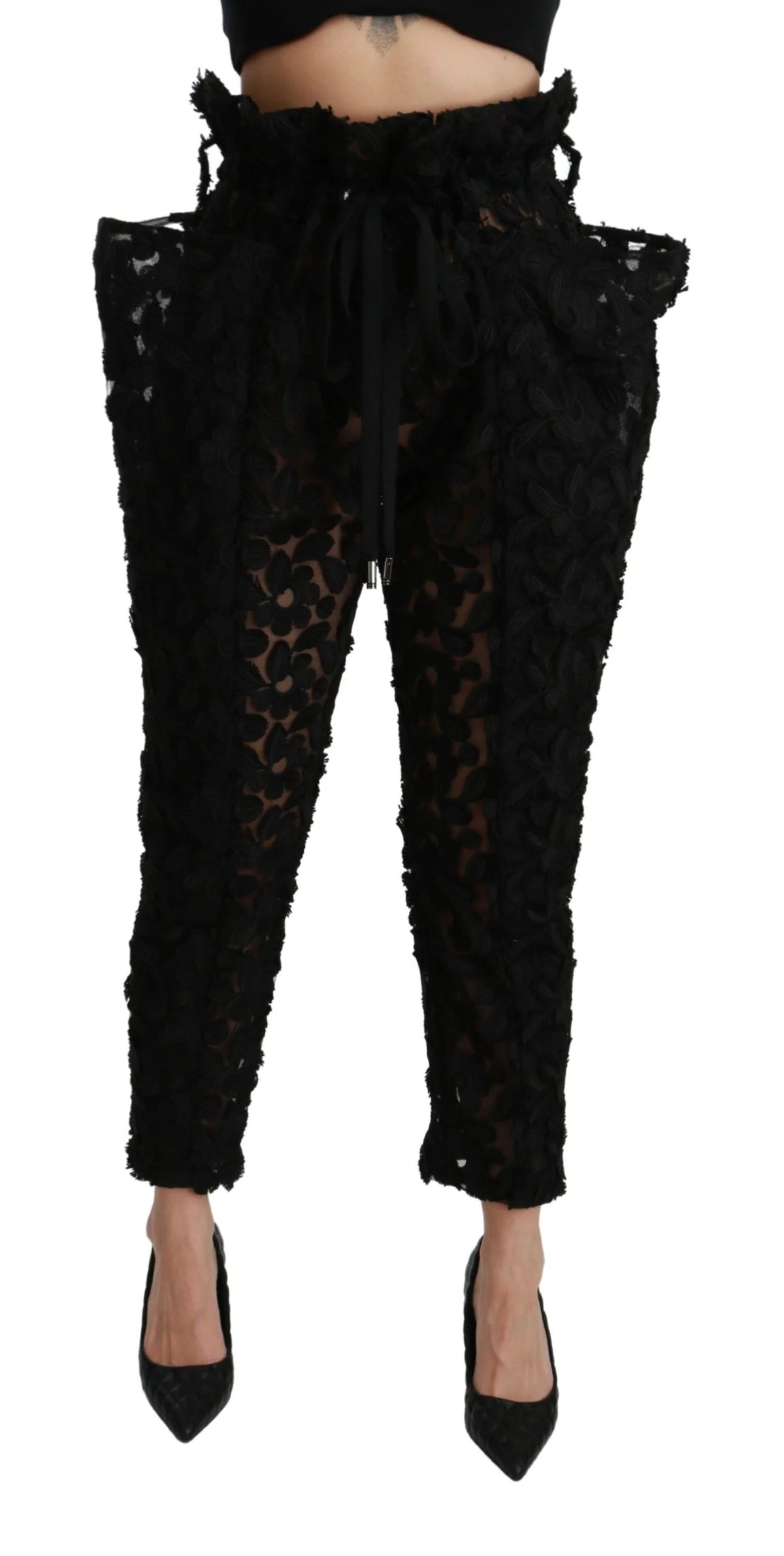 Dolce & Gabbana Black Floral Lace Tapered High Waist Pants - IT40|S - Jeans
