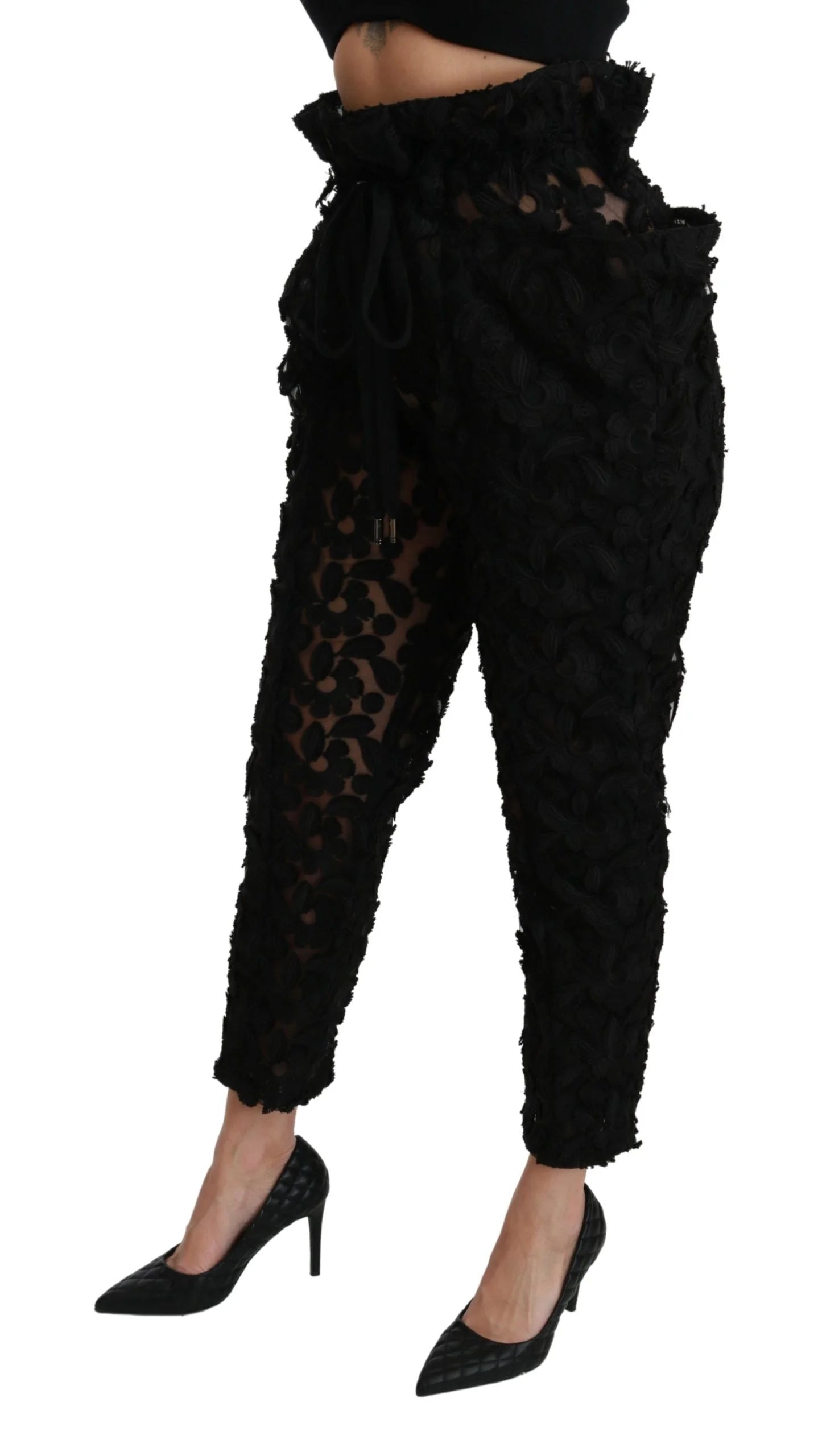 Dolce & Gabbana Black Floral Lace Tapered High Waist Pants - IT40|S - Jeans