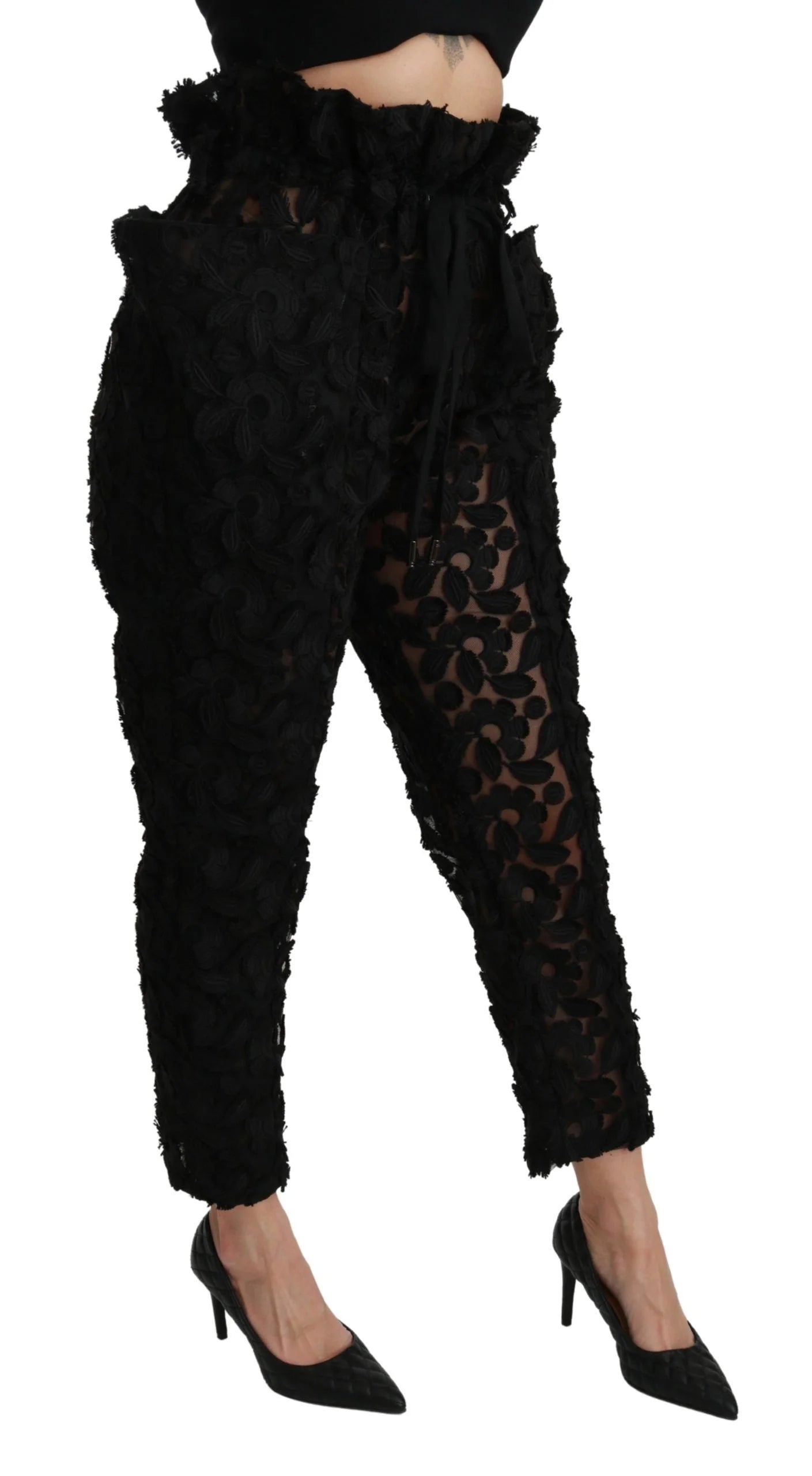 Dolce & Gabbana Black Floral Lace Tapered High Waist Pants - IT40|S - Jeans