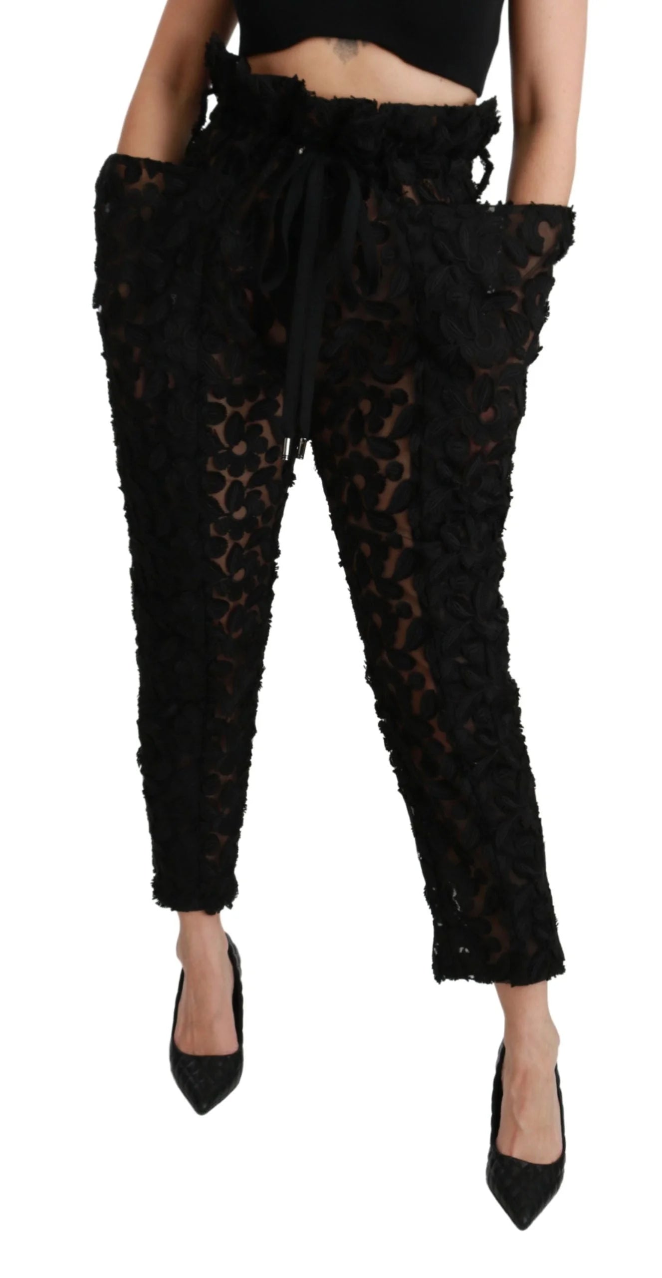 Dolce & Gabbana Black Floral Lace Tapered High Waist Pants - IT40|S - Jeans