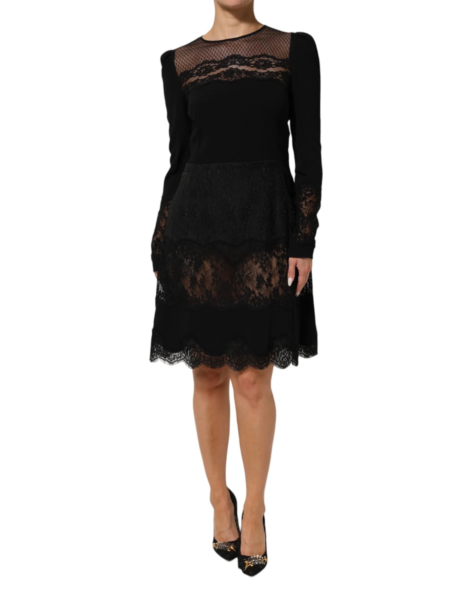 Dolce & Gabbana Black Floral Lace Trim Sheath A-line Dress - IT44 | L - Dresses