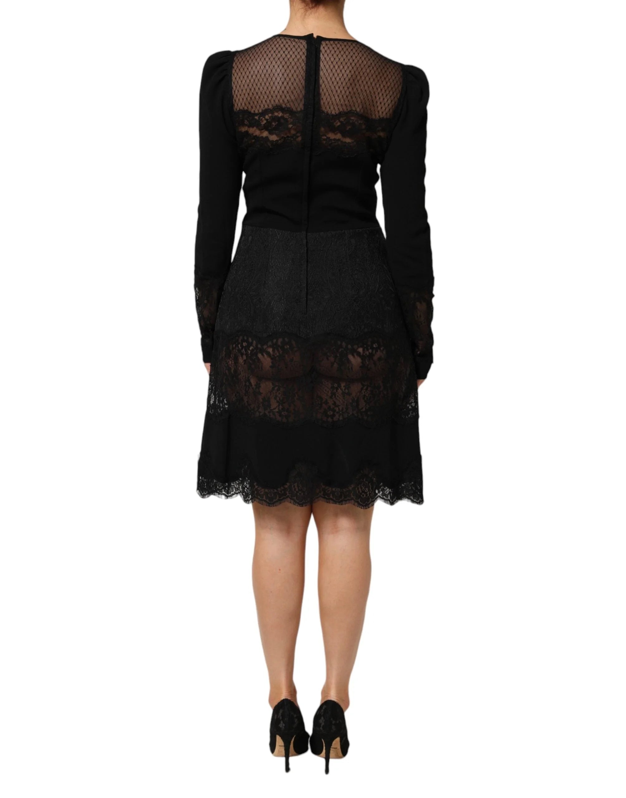 Dolce & Gabbana Black Floral Lace Trim Sheath A-line Dress - IT44 | L - Dresses