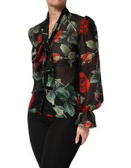 Dolce & Gabbana Black Floral Long Sleeves Silk Blouse Top - IT36|XXS