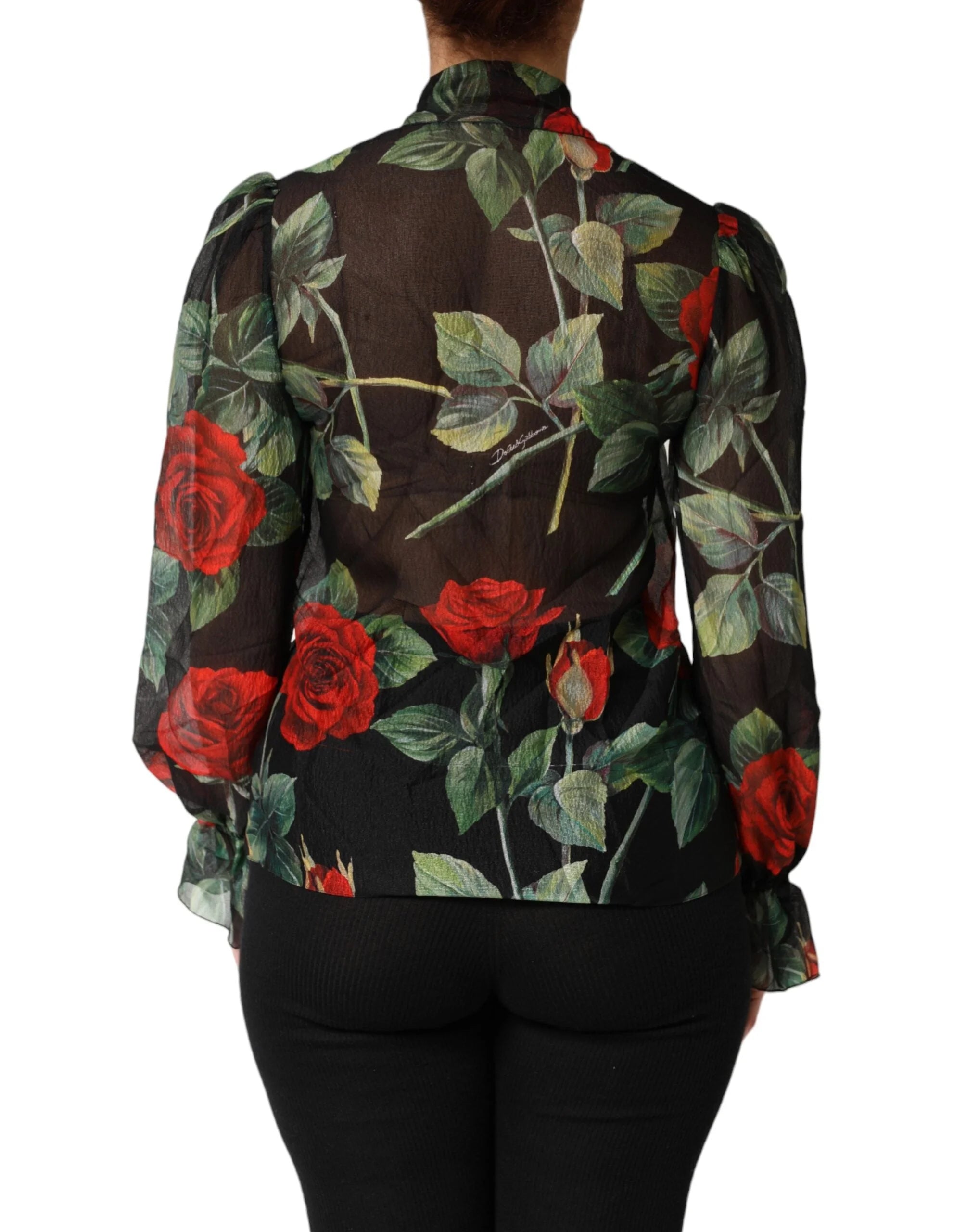 Dolce & Gabbana Black Floral Long Sleeves Silk Blouse Top - IT36|XXS