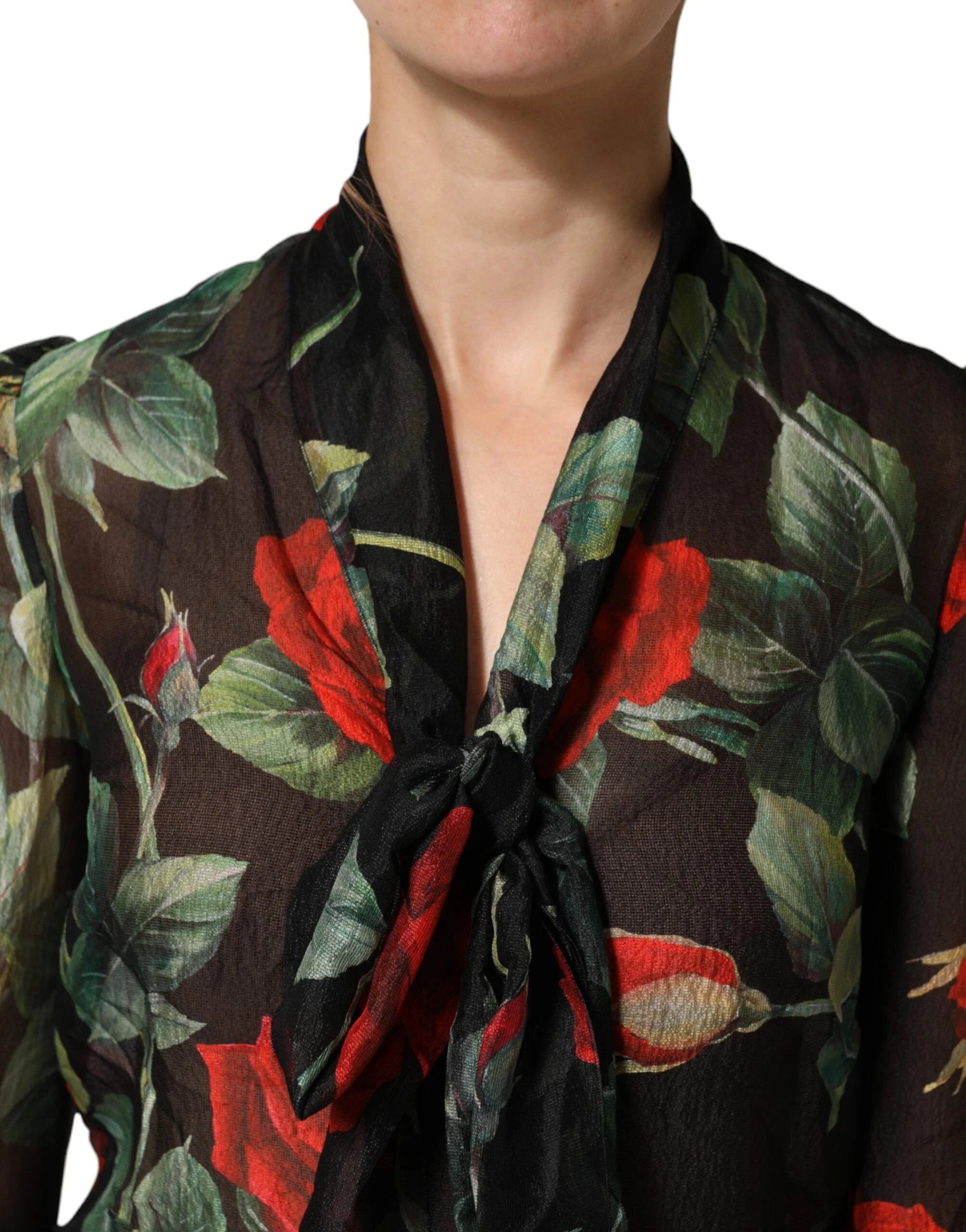 Dolce & Gabbana Black Floral Long Sleeves Silk Blouse Top - IT36|XXS