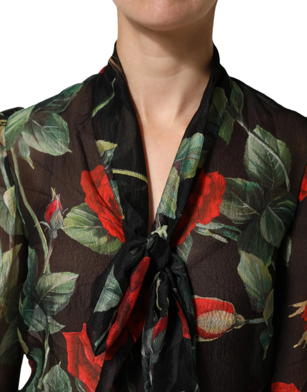 Dolce & Gabbana Black Floral Long Sleeves Silk Blouse Top - IT36|XXS