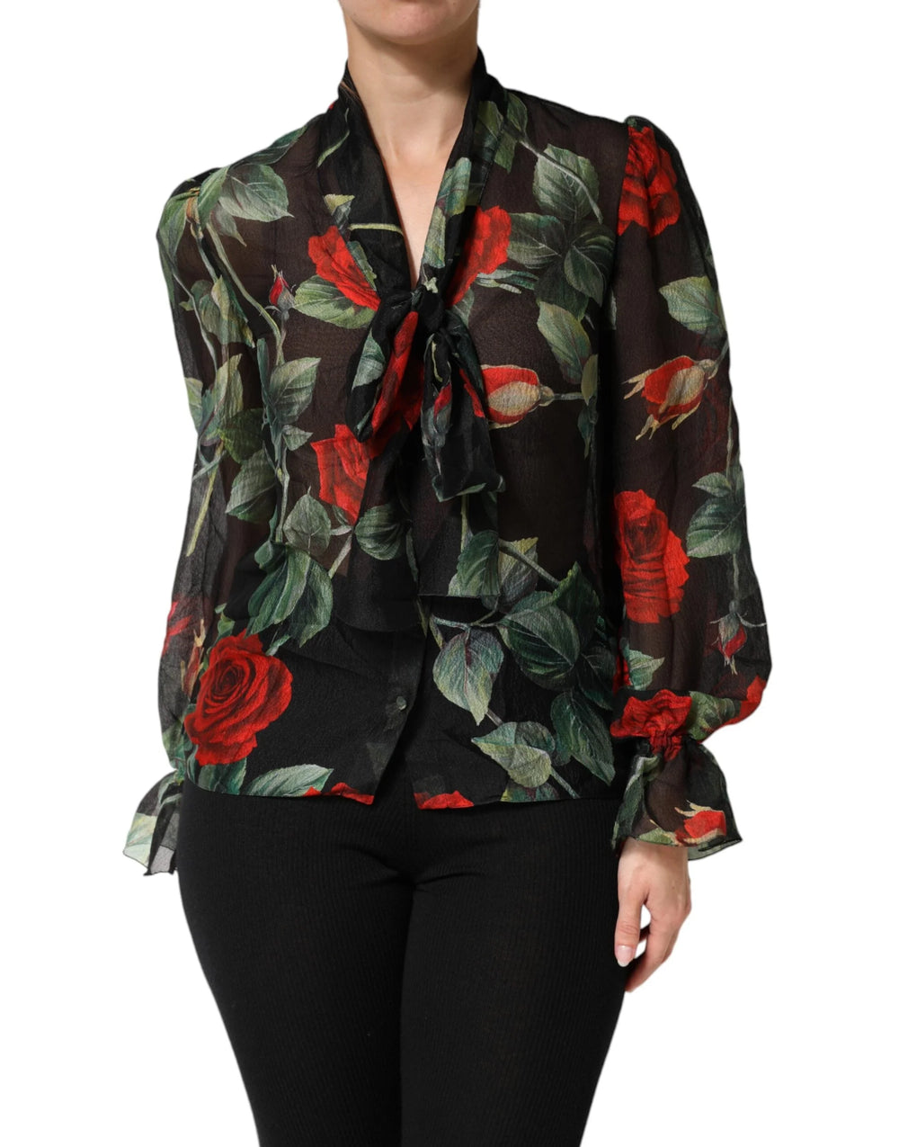 Dolce & Gabbana Black Floral Long Sleeves Silk Blouse Top - IT36|XXS
