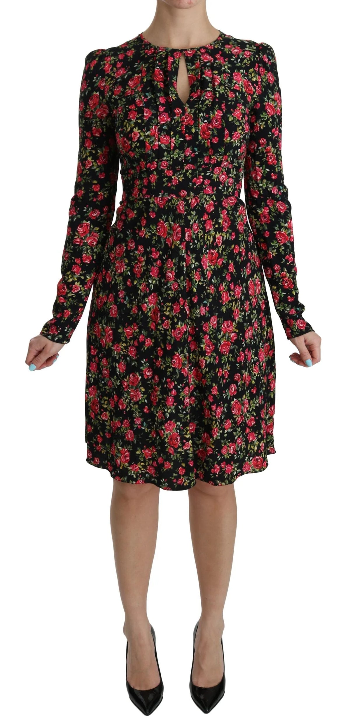Dolce & Gabbana Black Floral Longsleeve Knee Length Dress - IT38|XS - Dresses