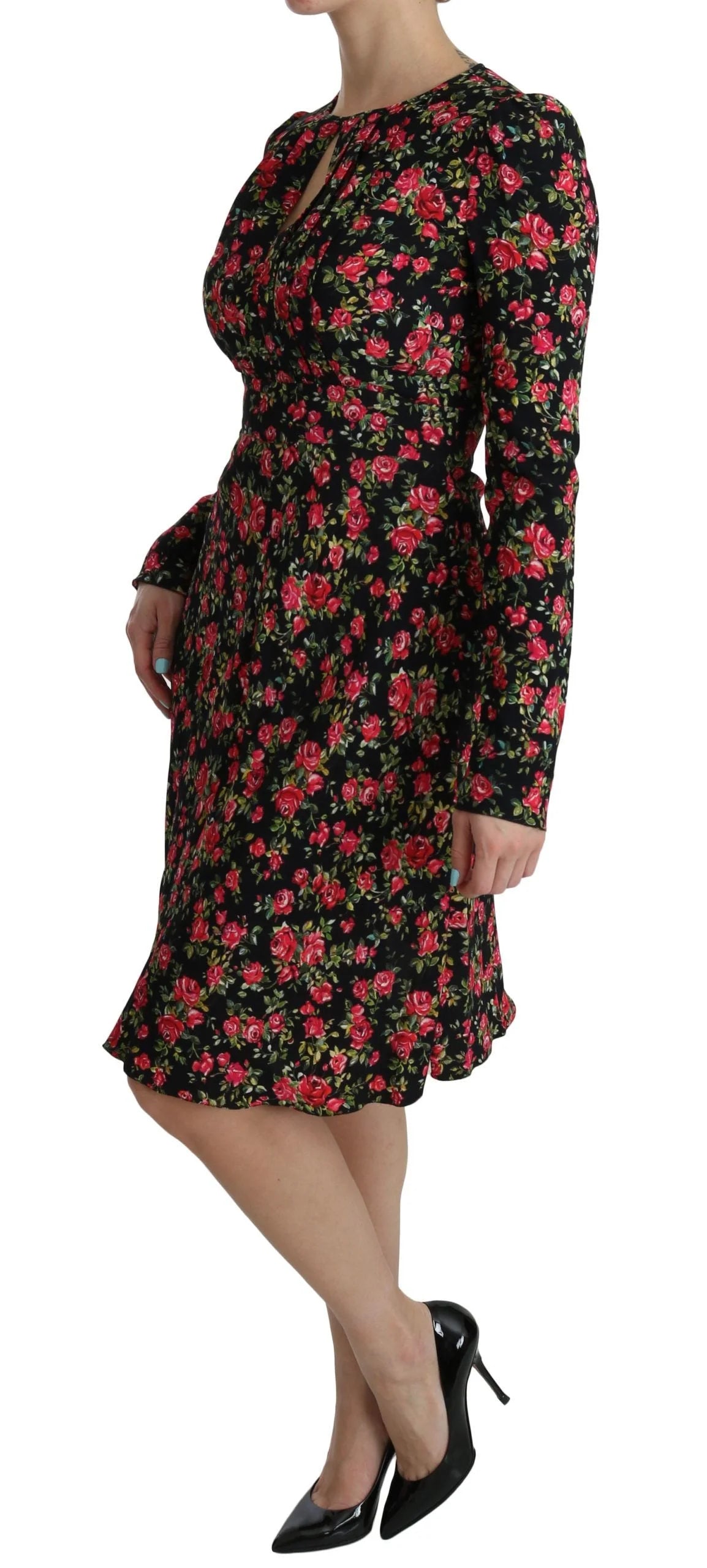 Dolce & Gabbana Black Floral Longsleeve Knee Length Dress - IT38|XS - Dresses