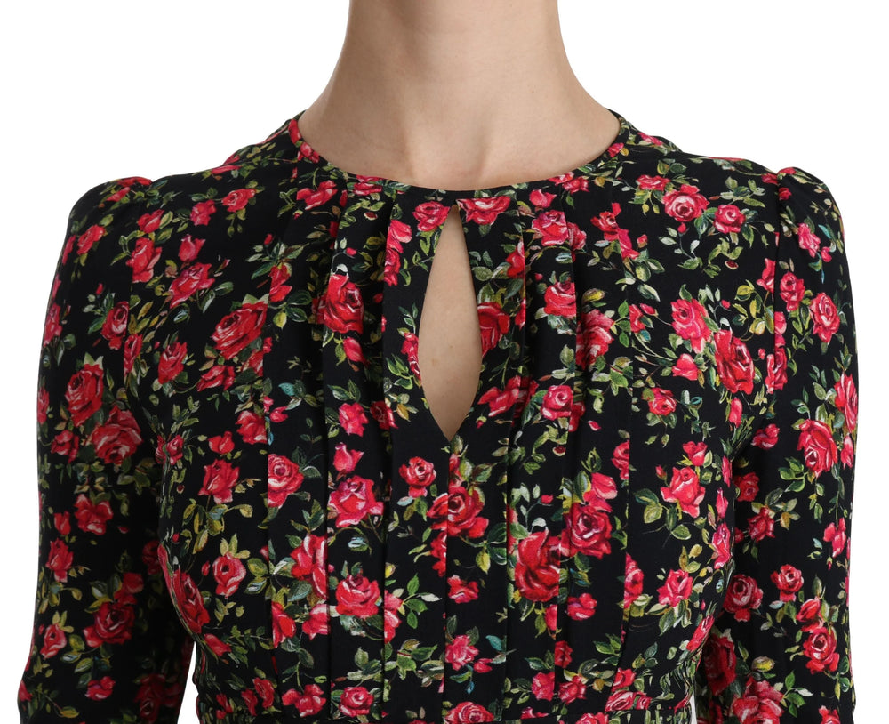 Dolce & Gabbana Black Floral Longsleeve Knee Length Dress - IT38|XS - Dresses