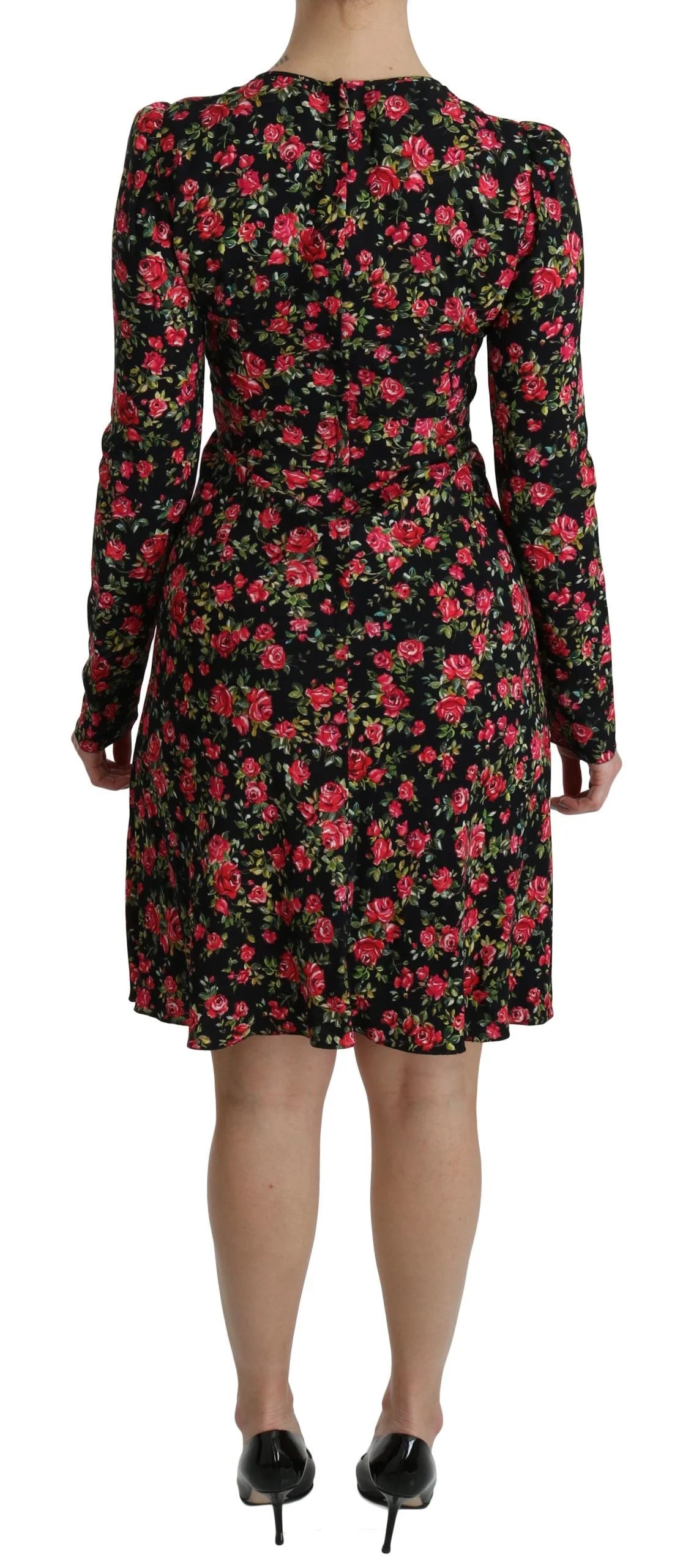 Dolce & Gabbana Black Floral Longsleeve Knee Length Dress - IT38|XS - Dresses