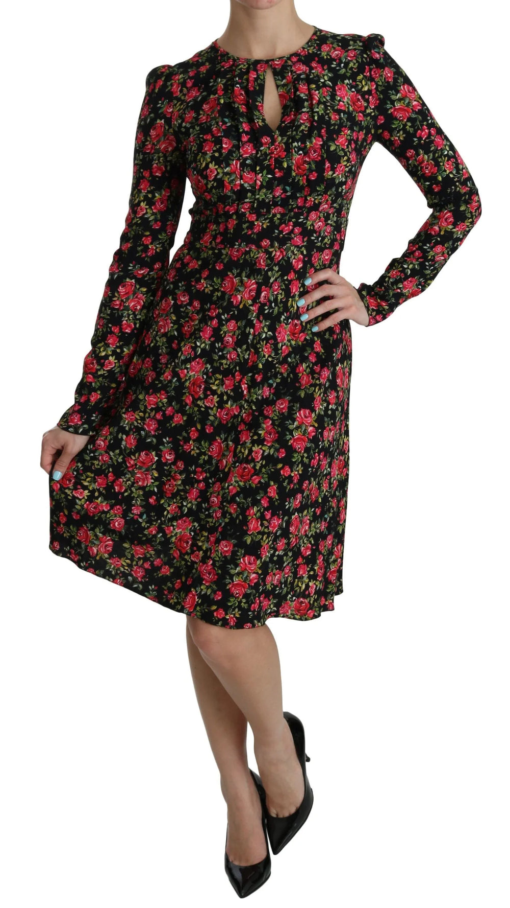 Dolce & Gabbana Black Floral Longsleeve Knee Length Dress - IT38|XS - Dresses
