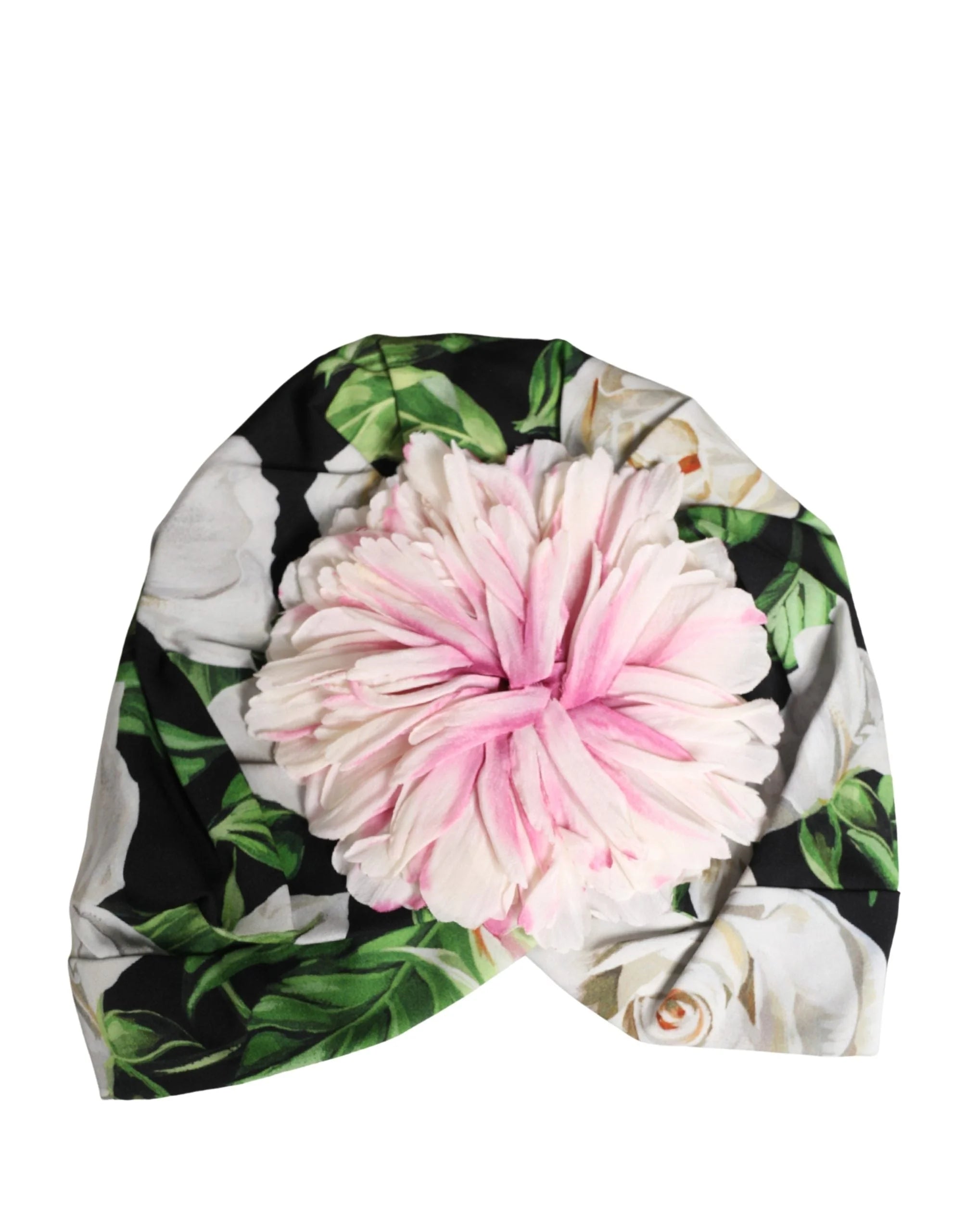 Dolce & Gabbana black silk-blend turban featuring a sculptural floral motif and elegant pleated detailing.