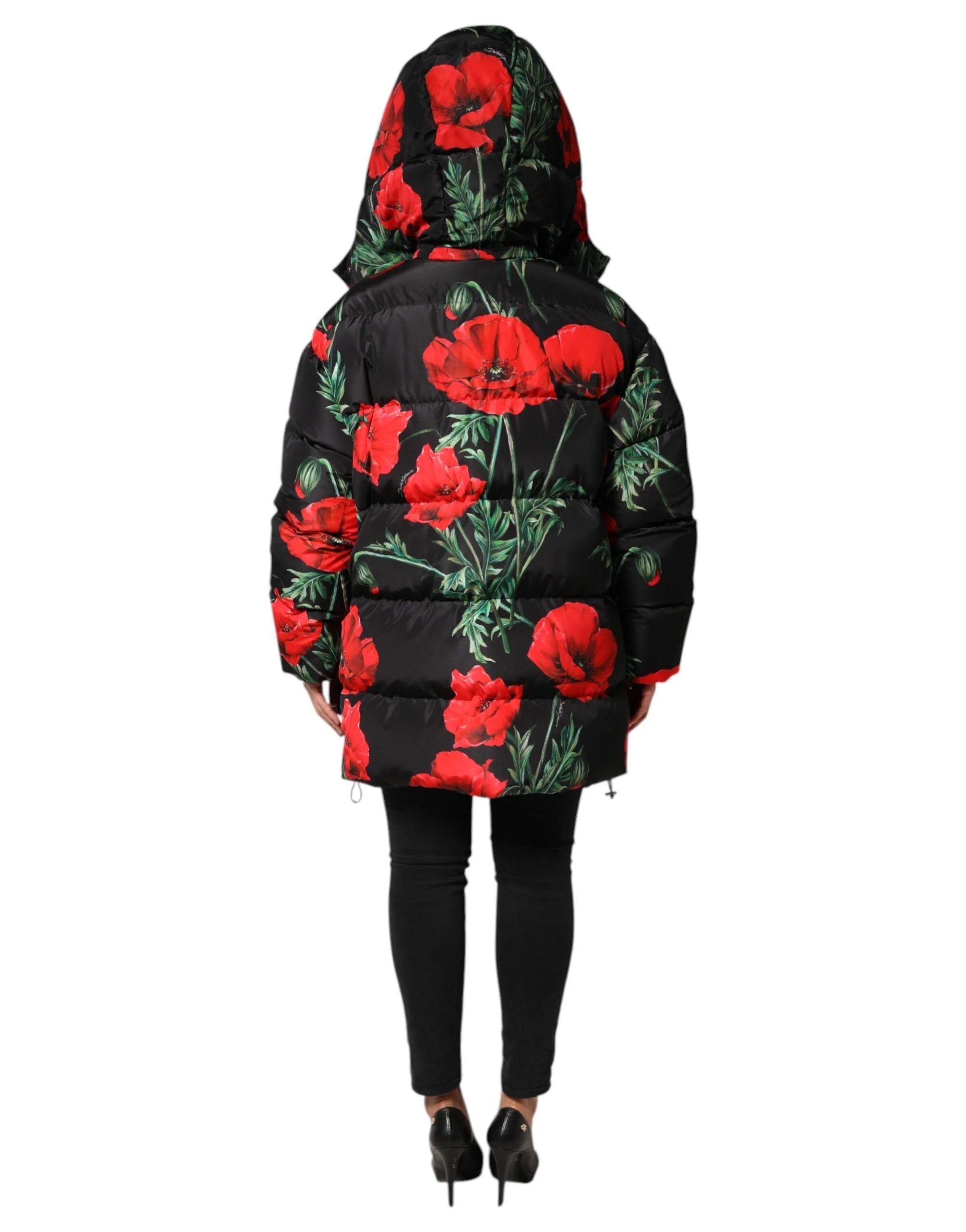 Dolce & Gabbana Black Floral Polyester Hooded Quilted Jacket - IT40|S - Puffer Jackets