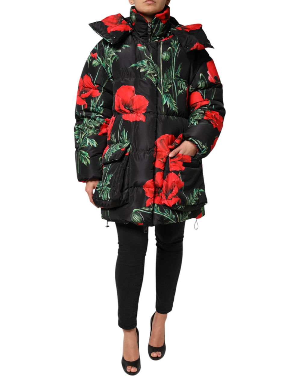 Dolce & Gabbana Black Floral Polyester Hooded Quilted Jacket - IT40|S