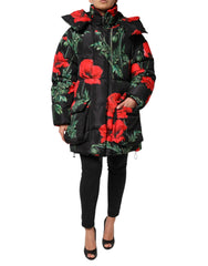 Dolce & Gabbana Black Floral Polyester Hooded Quilted Jacket - IT40|S