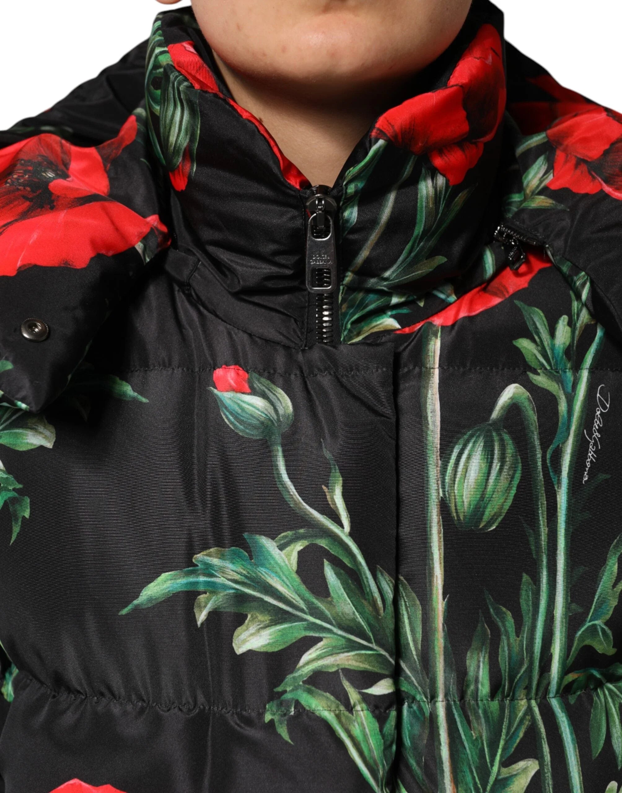 Dolce & Gabbana Black Floral Polyester Hooded Quilted Jacket - IT40|S