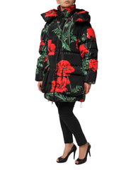 Dolce & Gabbana Black Floral Polyester Hooded Quilted Jacket - IT40|S