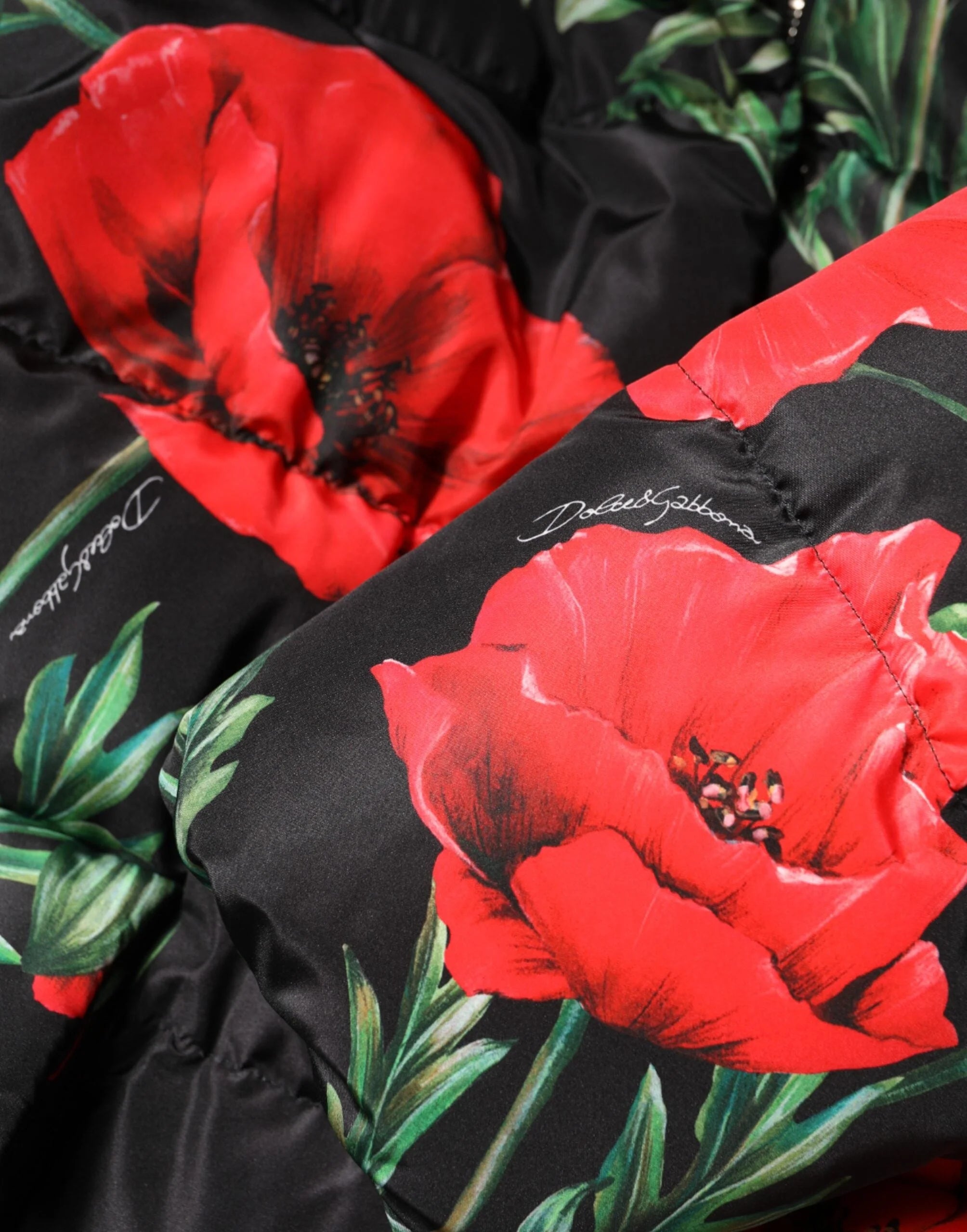 Dolce & Gabbana Black Floral Polyester Hooded Quilted Jacket - IT40|S