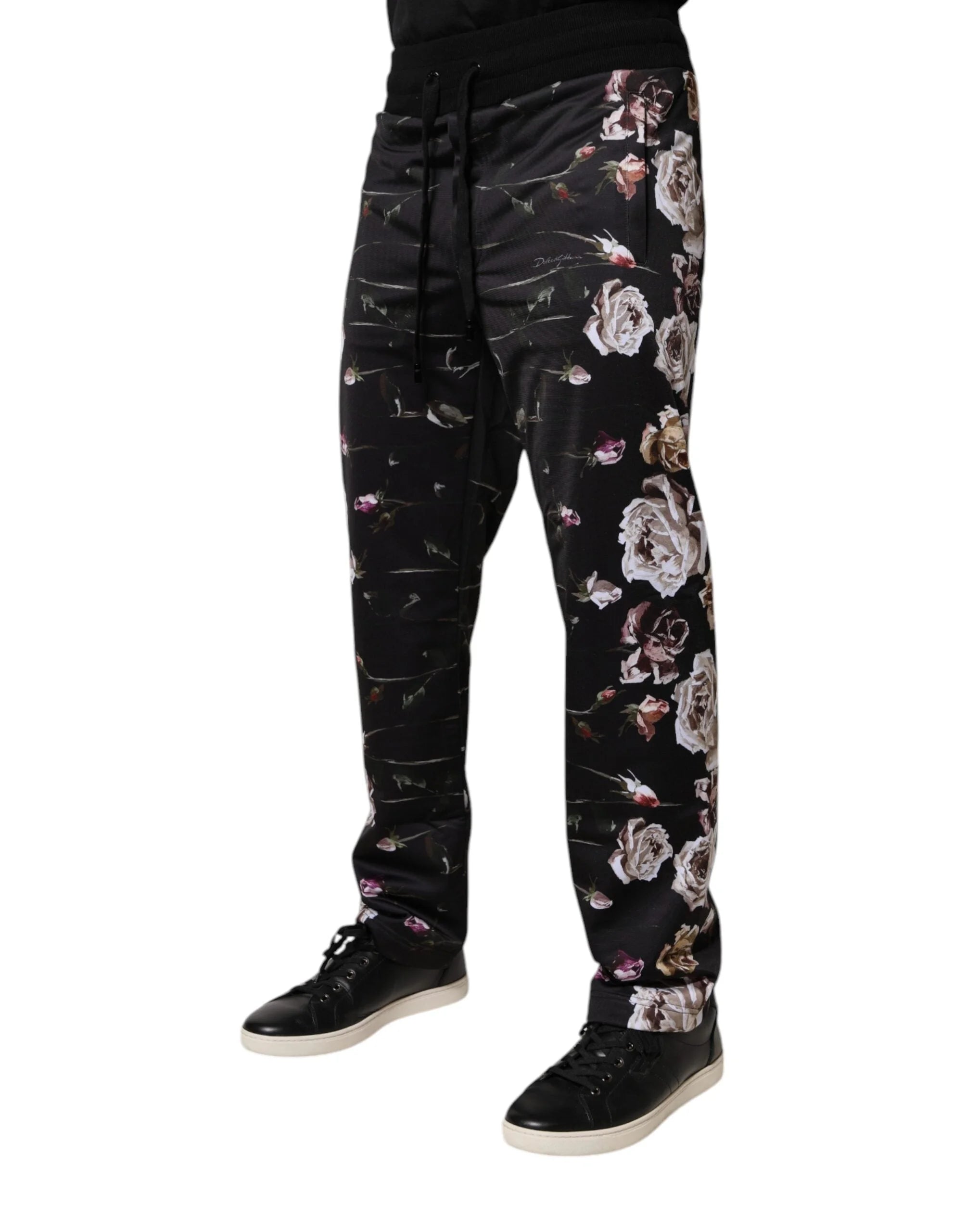 Dolce & Gabbana Black Floral Polyester Jogger Pants - IT44 | XS - Joggers