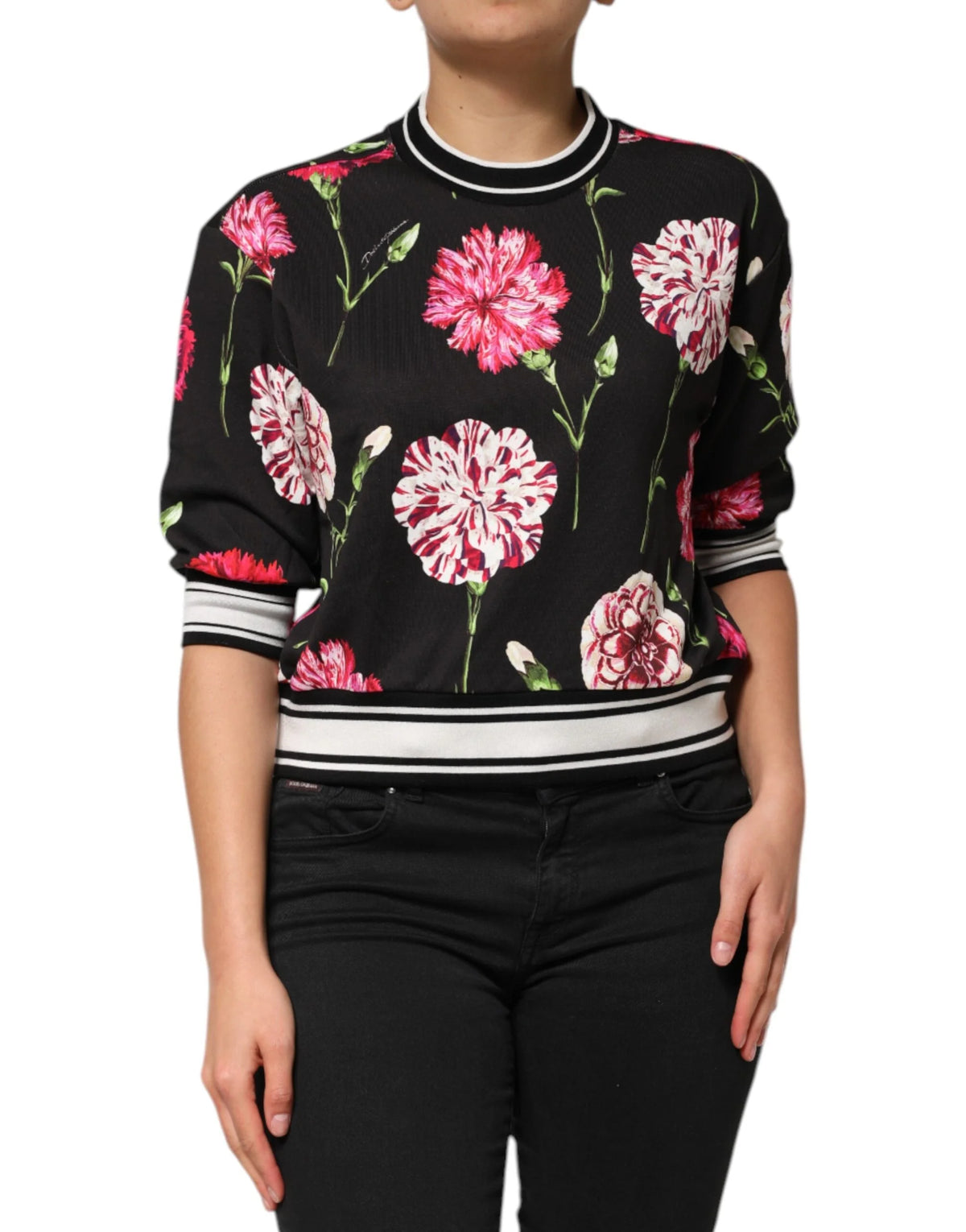 Dolce & Gabbana Black Floral Print Cotton Short Sleeves Top - IT36|XXS - Blouses