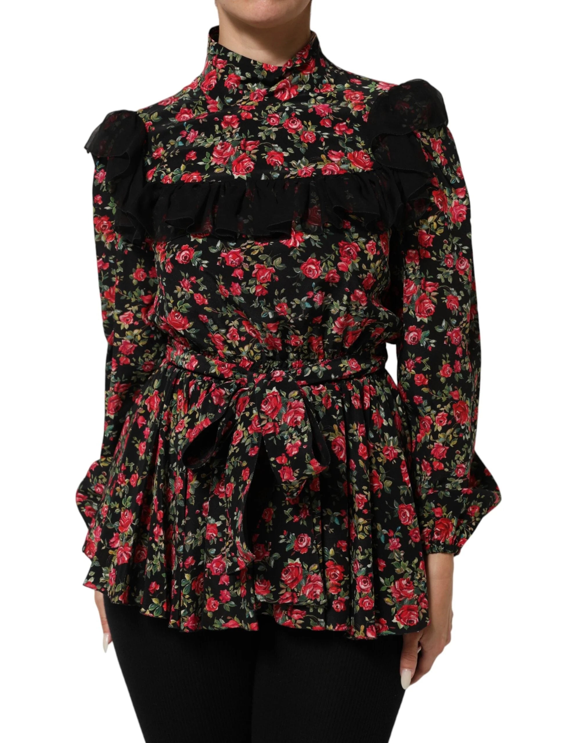 Dolce & Gabbana Black Floral Print Long Sleeve Blouse Top - IT38 | XS - Blouses