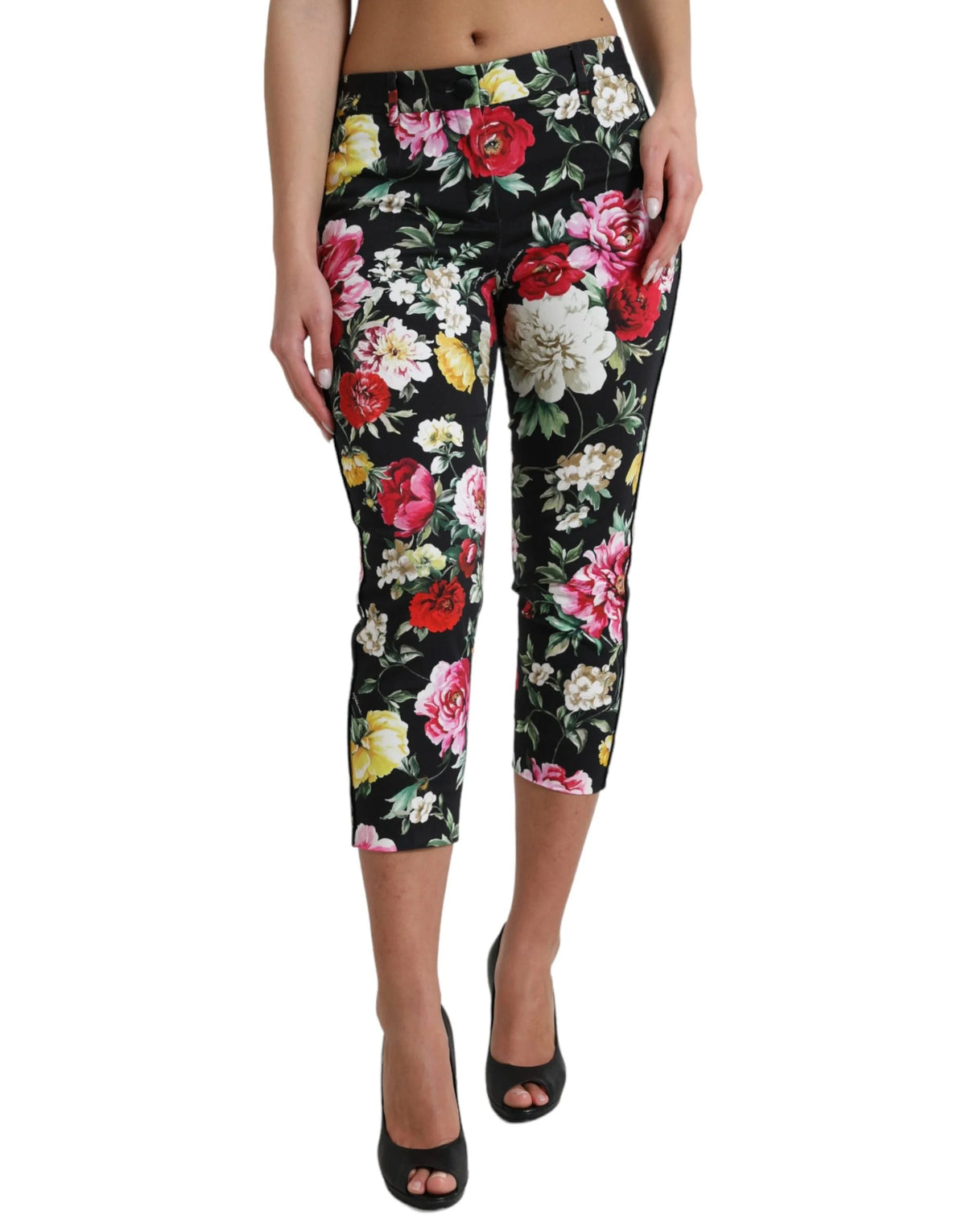 Dolce & Gabbana Black Floral Print Mid Waist Cropped Pants - IT40|S - Trousers