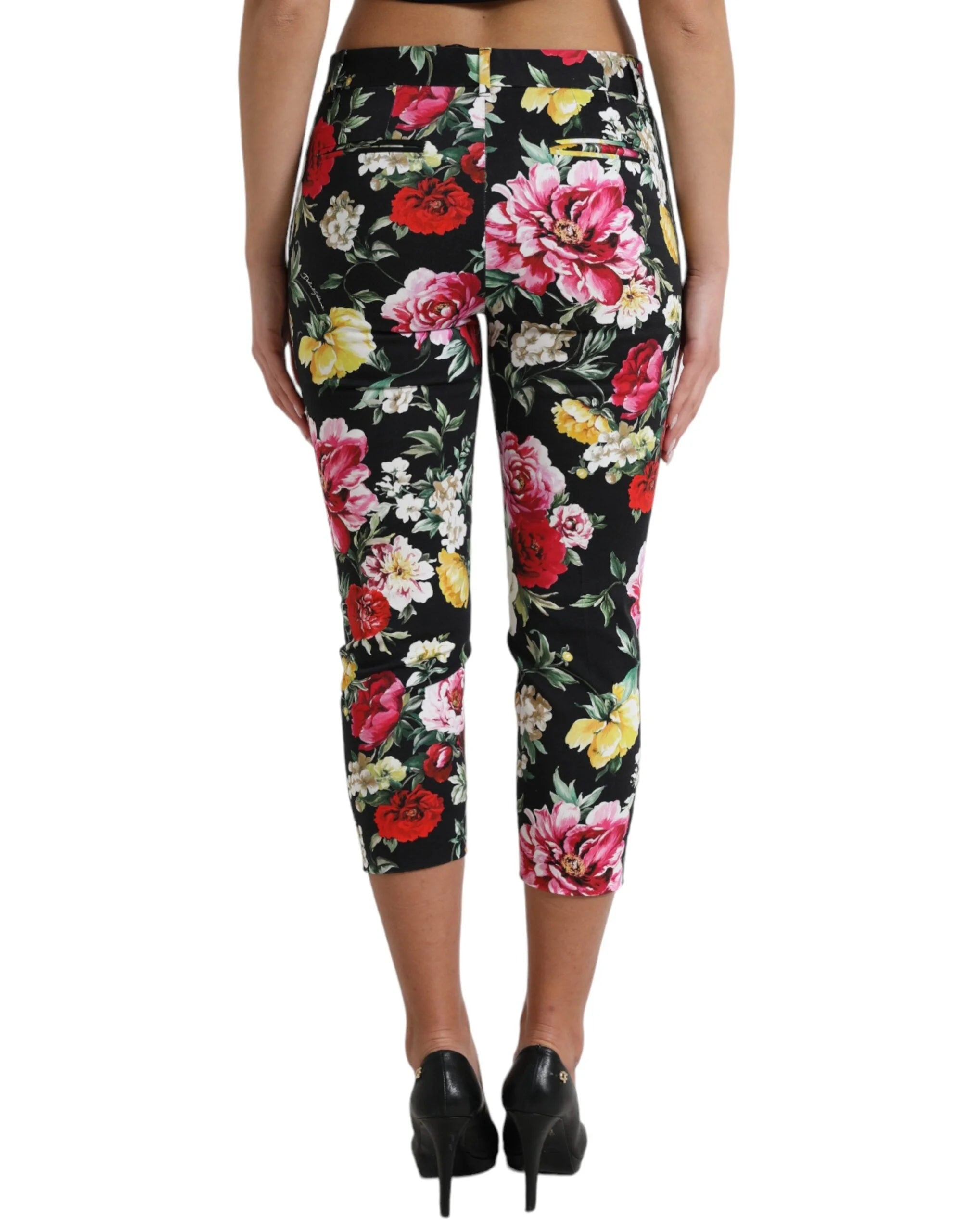 Dolce & Gabbana Black Floral Print Mid Waist Cropped Pants - IT40|S - Trousers