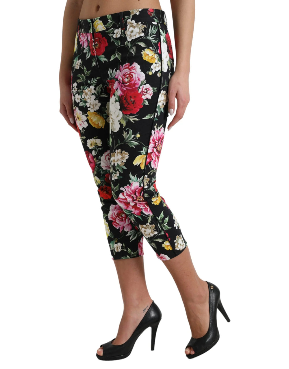Dolce & Gabbana Black Floral Print Mid Waist Cropped Pants - IT40|S - Trousers